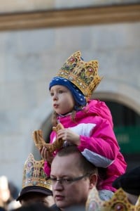 Cracow, Poland - January 5, 2014 Biblical Magi Three Wise Men parade around the Main Market Square in Cracow